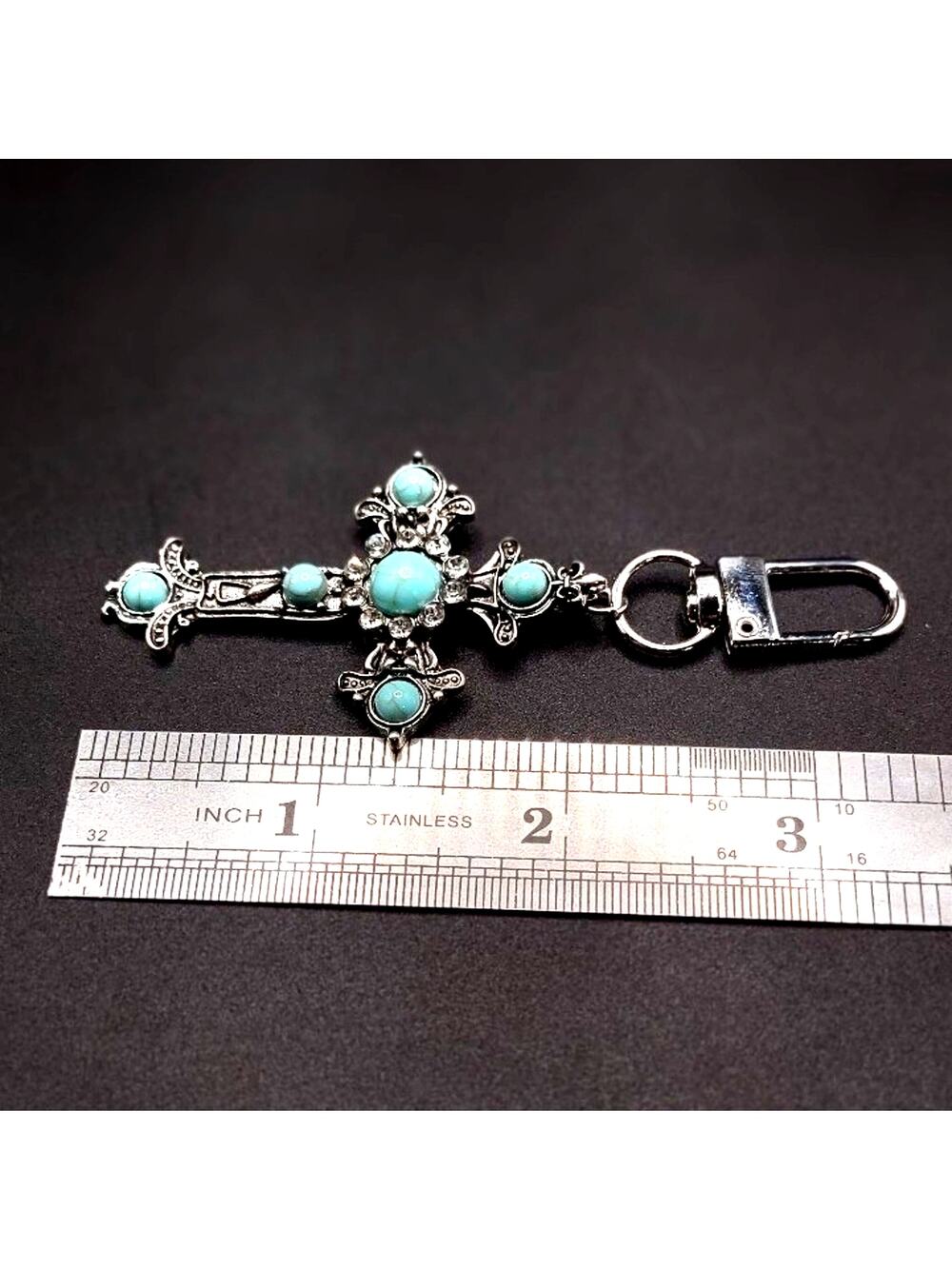 Stainless Steel Key Chain Turquoise CZ Cross Pendant Southwestern Boho Jewelry